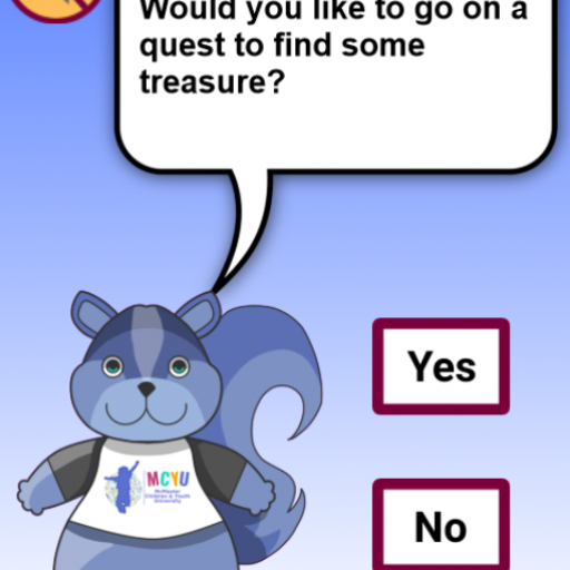 1_Scavenger Hunt Avatar dialogue says "Hi I'm Sapphire. Would you like to go on a quest to find some treasure?"